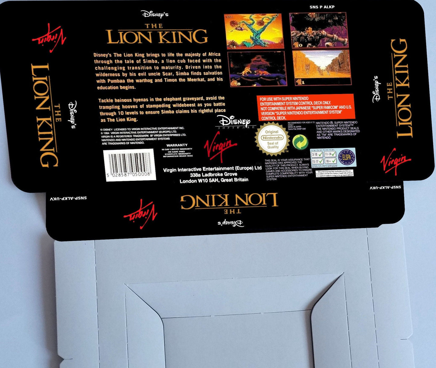 The Lion King/ Le Roi Lion - PAL or NTSC - box with inner tray option - SNES - thick cardboard as in the original.