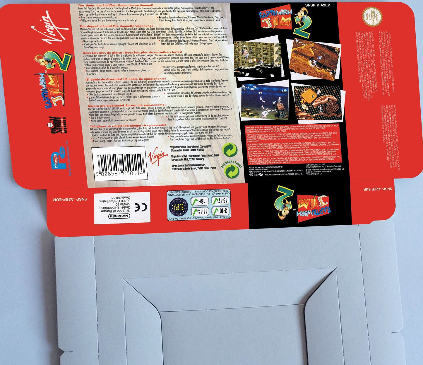 Earthworm Jim 2 - box with inner tray option - PAL or NTSC - Super Nintendo/ SNES - thick cardboard.