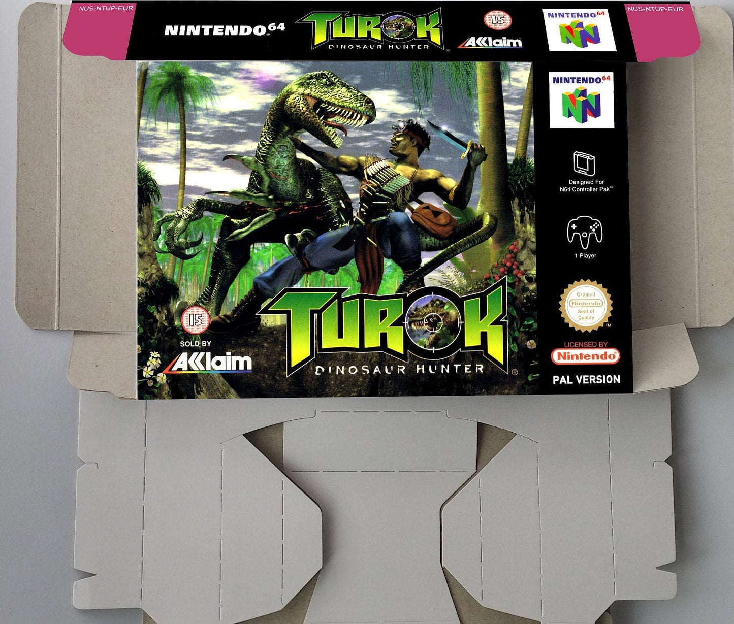 Turok Dinosaur Hunter - box with inner tray option - PAL or NTSC - NINTENDO 64/ N64 - thick cardboard as in the original.