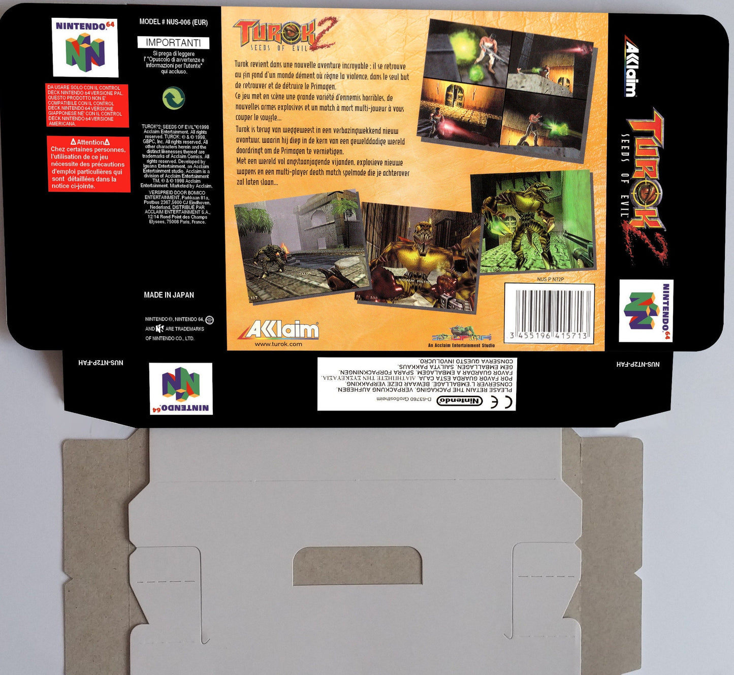 Turok 2 Seeds of Evil - box with inner tray option - PAL, NTSC or Australian PAL - N64 - thick cardboard as in the original. Top Quality !!