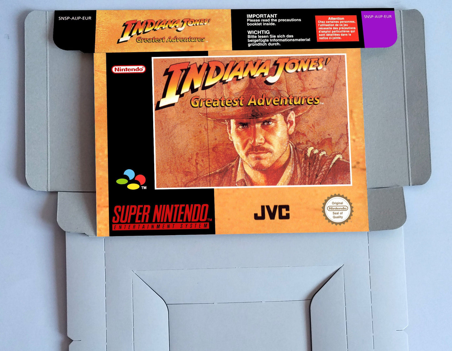 Indiana Jones Greatest Adventure - box with inner tray option -  PAL - Super Nintendo/ SNES - thick cardboard.