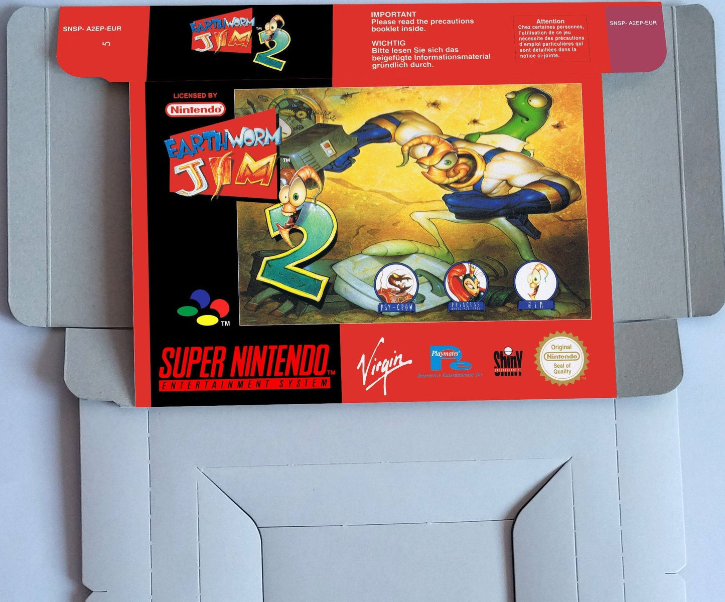 Earthworm Jim 2 - box with inner tray option - PAL or NTSC - Super Nintendo/ SNES - thick cardboard.