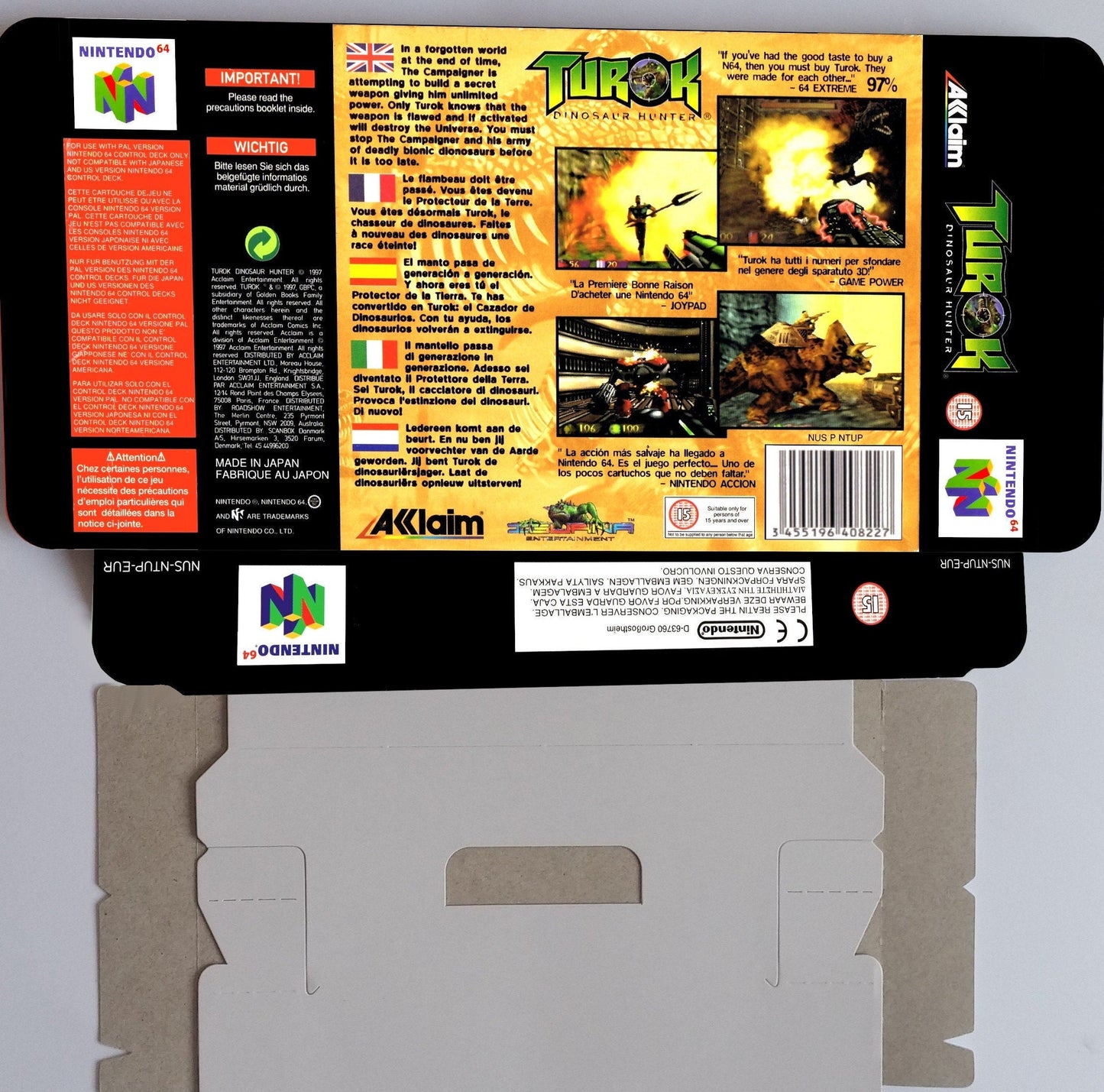 Turok Dinosaur Hunter - box with inner tray option - PAL or NTSC - NINTENDO 64/ N64 - thick cardboard as in the original.