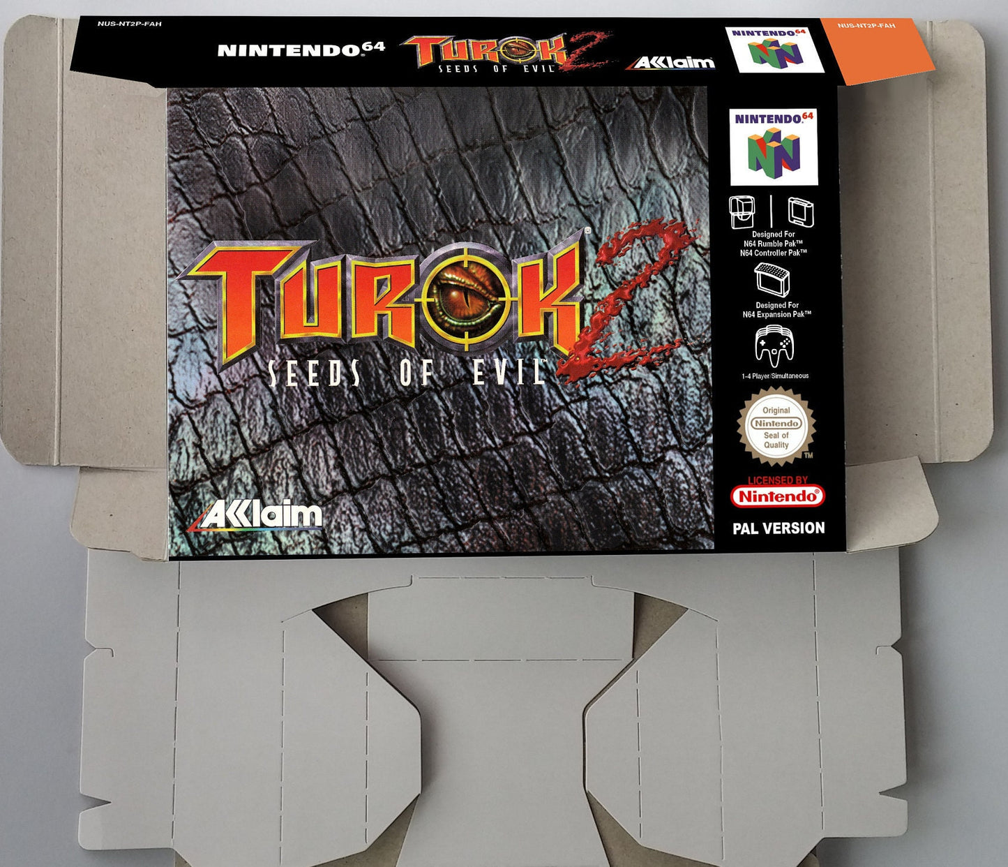 Turok 2 Seeds of Evil - box with inner tray option - PAL, NTSC or Australian PAL - N64 - thick cardboard as in the original. Top Quality !!