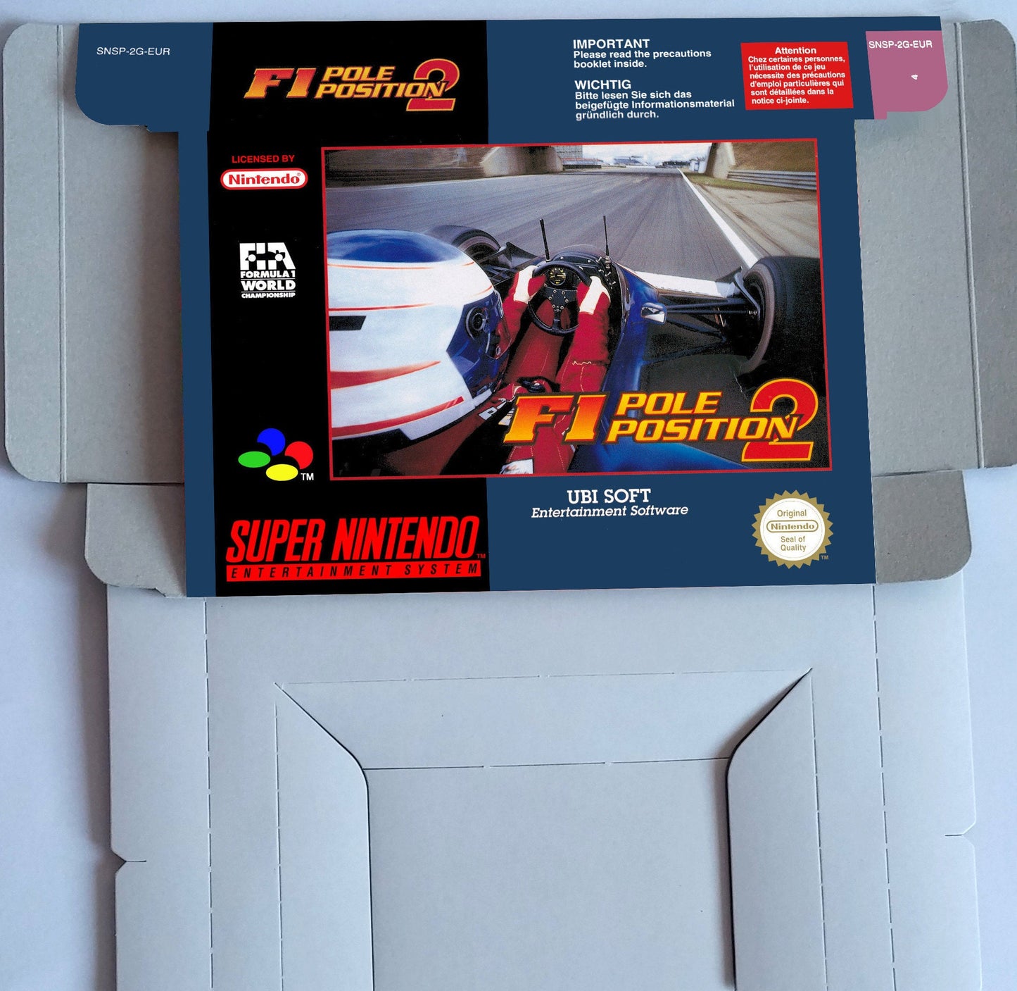 F1 Pole Position 2 - PAL -box with inner tray option - SNES - thick cardboard as in the original.