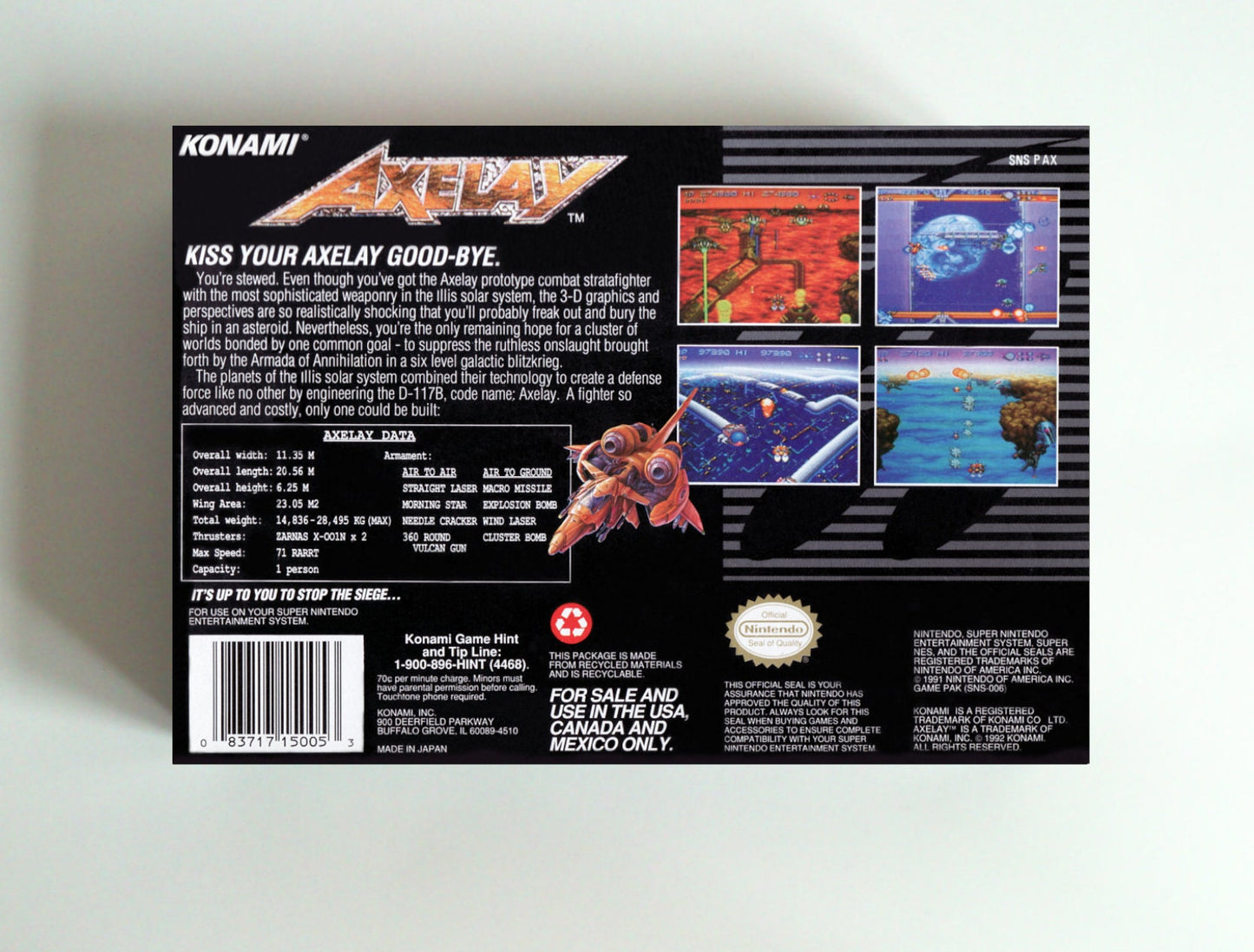 Axelay - NTSC or PAL - box with inner tray option - SNES - thick cardboard as in the original.