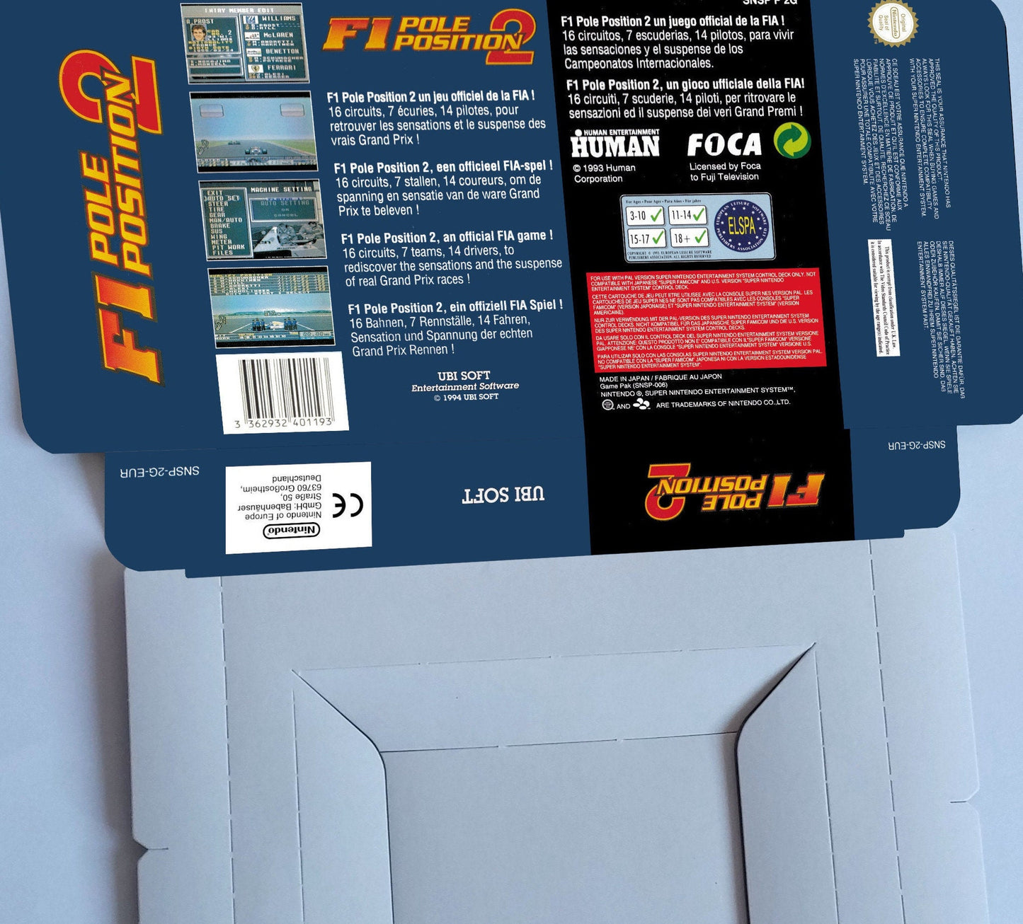 F1 Pole Position 2 - PAL -box with inner tray option - SNES - thick cardboard as in the original.