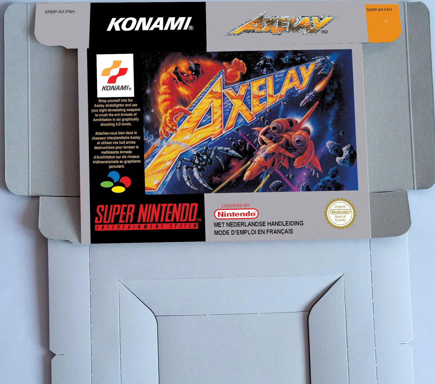 Axelay - NTSC or PAL - box with inner tray option - SNES - thick cardboard as in the original.