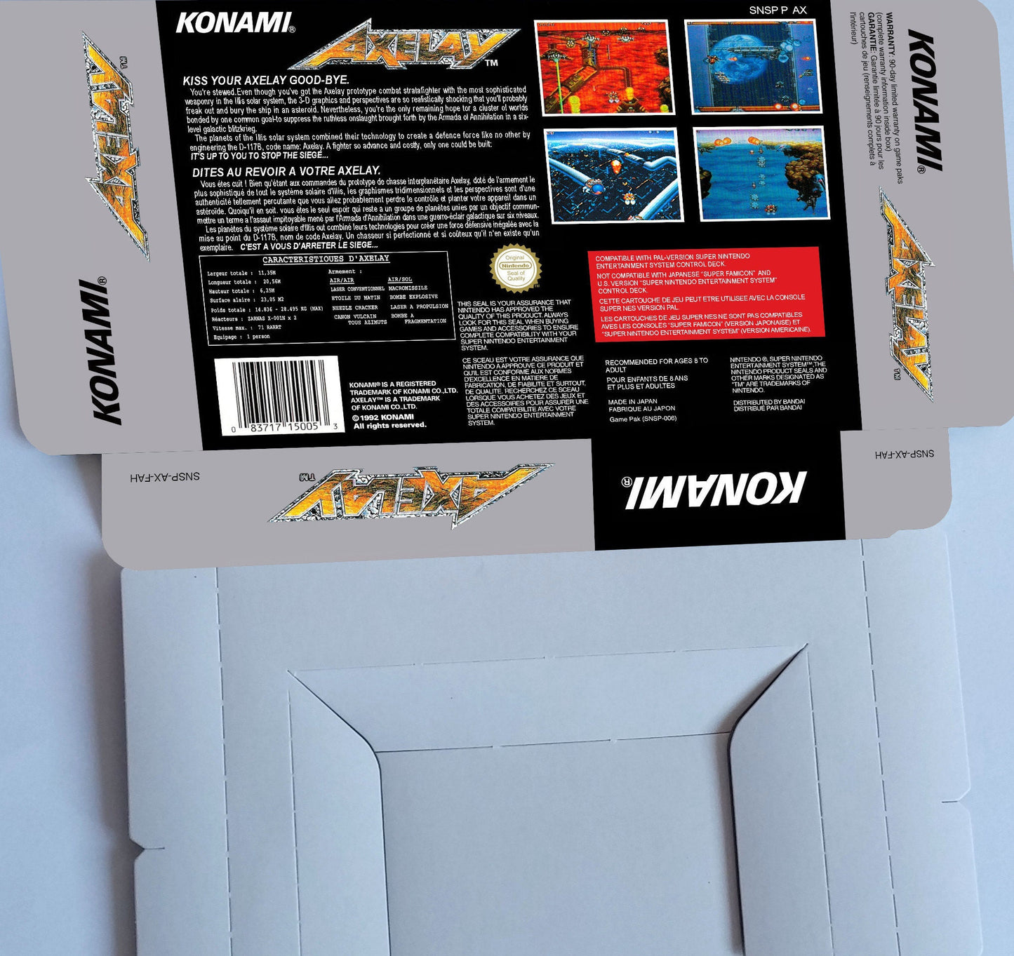 Axelay - NTSC or PAL - box with inner tray option - SNES - thick cardboard as in the original.