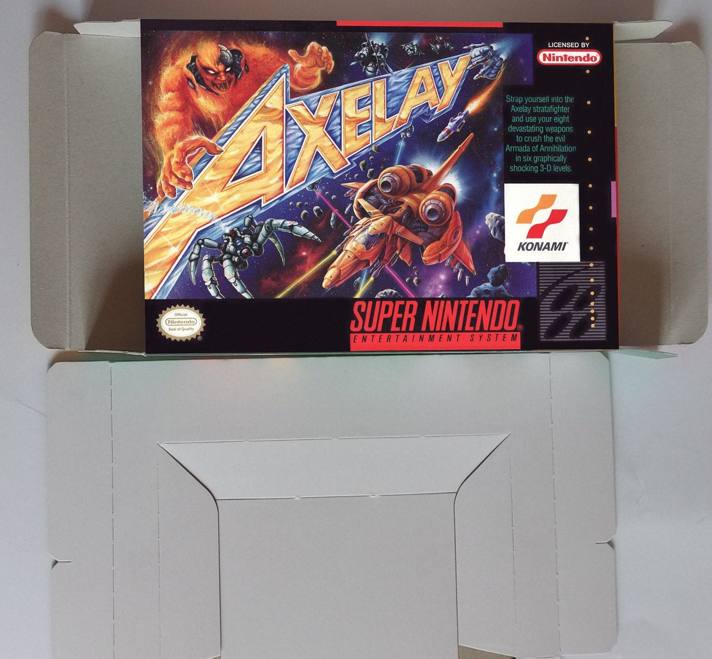 Axelay - NTSC or PAL - box with inner tray option - SNES - thick cardboard as in the original.