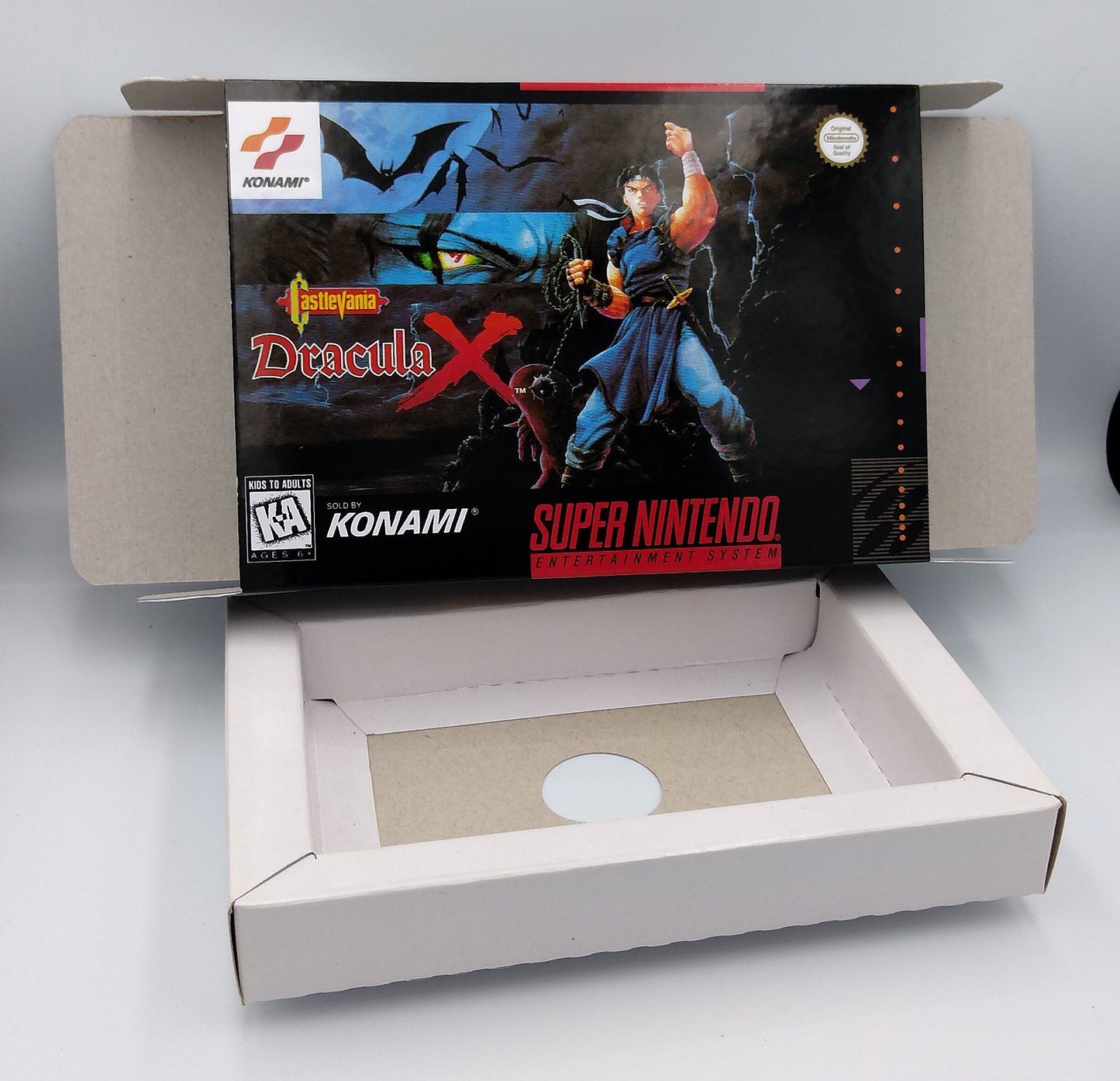 Castlevania Dracula X - PAL or NTSC - box with inner tray option - SNES - thick cardboard as in the original. Top Quality !