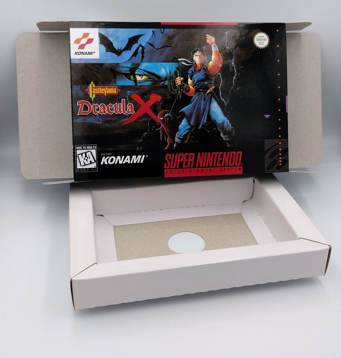 Castlevania Vampire Kiss - PAL or NTSC - box with inner tray option - SNES - thick cardboard as in the original. Top Quality !