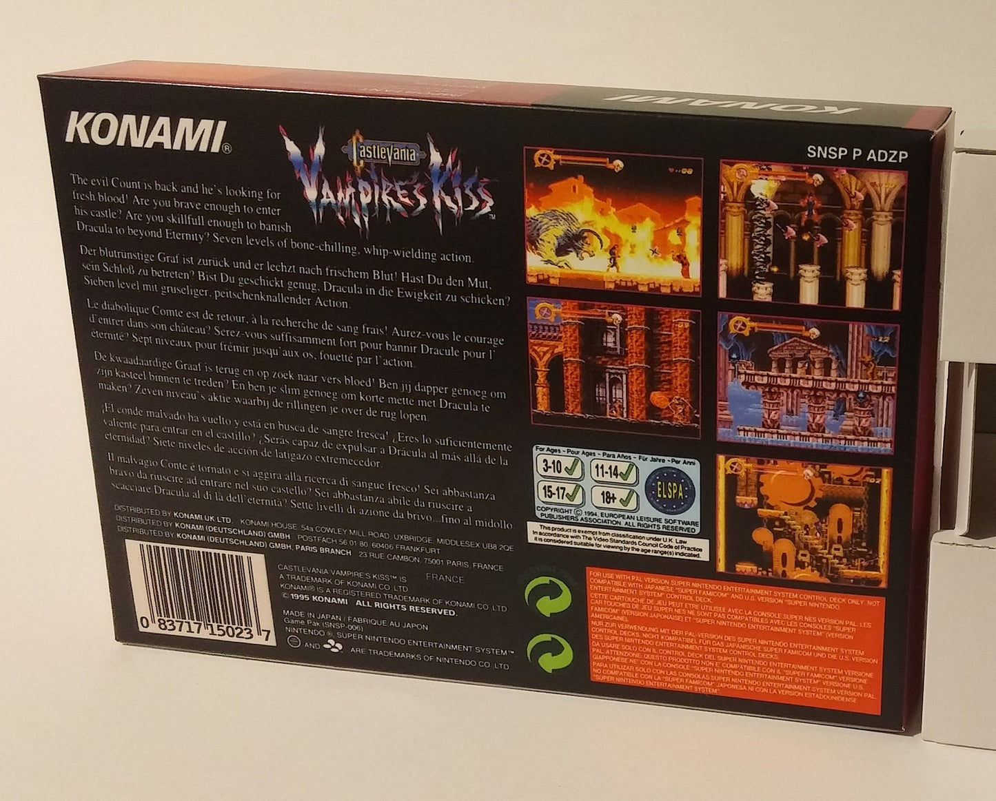 Castlevania Vampire Kiss - PAL or NTSC - box with inner tray option - SNES - thick cardboard as in the original. Top Quality !