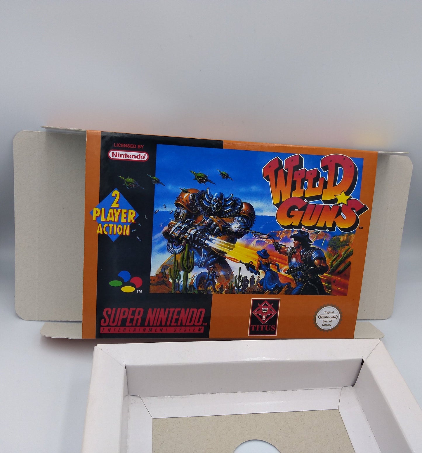 Wild Guns - box with inner tray option -  PAL or Ntsc - Super Nintendo/ SNES- thick cardboard. HQ !