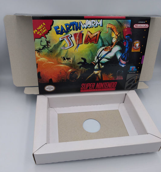 Earthworm Jim - box with inner tray option - NTSC or PAL - Super Nintendo/ SNES - thick cardboard. Top Quality !