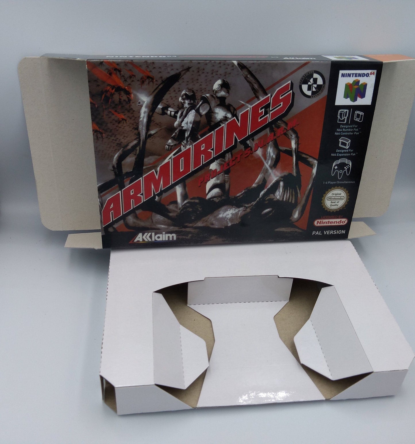 Armorines Project S.W.A.R.M - box with inner tray option - PAL, Au Pal or NTSC - Nintendo 64/ N64 - thick cardboard as in the original.