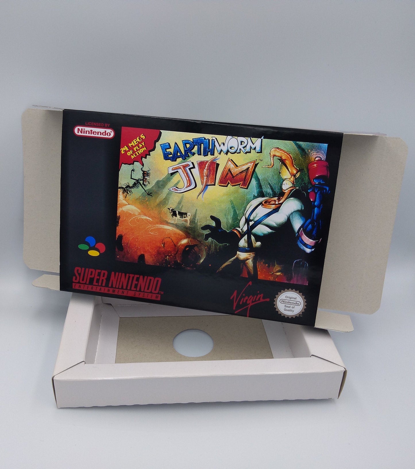 Earthworm Jim - box with inner tray option - NTSC or PAL - Super Nintendo/ SNES - thick cardboard. Top Quality !