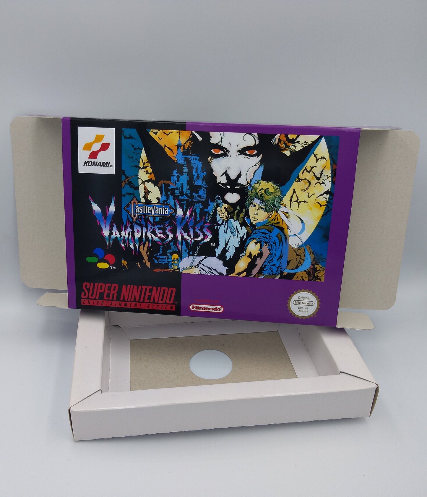 Castlevania Dracula X - PAL or NTSC - box with inner tray option - SNES - thick cardboard as in the original. Top Quality !