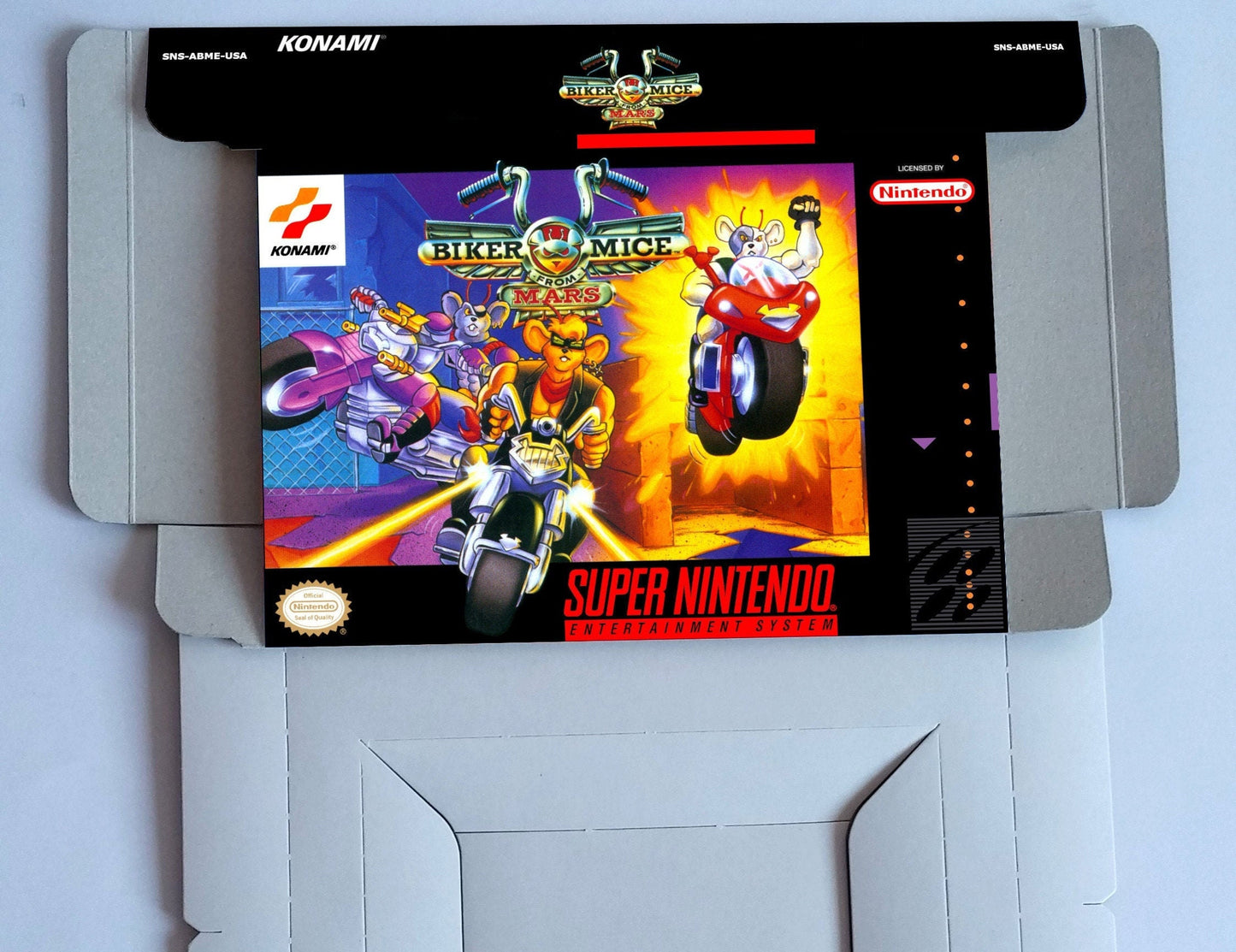 Biker Mice from Mars - Box with inner tray option - NTSC or PAL Region - SNES - thick cardboard as in the original. Top Quality !