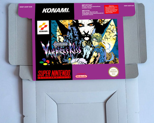 Castlevania Vampire Kiss - PAL or NTSC - box with inner tray option - SNES - thick cardboard as in the original. Top Quality !