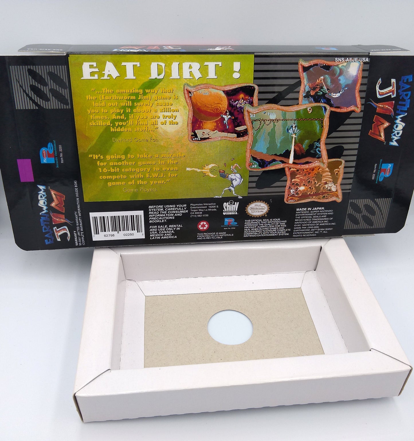 Earthworm Jim - box with inner tray option - NTSC or PAL - Super Nintendo/ SNES - thick cardboard. Top Quality !