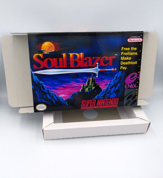 Soul Blazer - NTSC or PAL - box with inner tray option - SNES - thick cardboard as in the original. Very Rare !