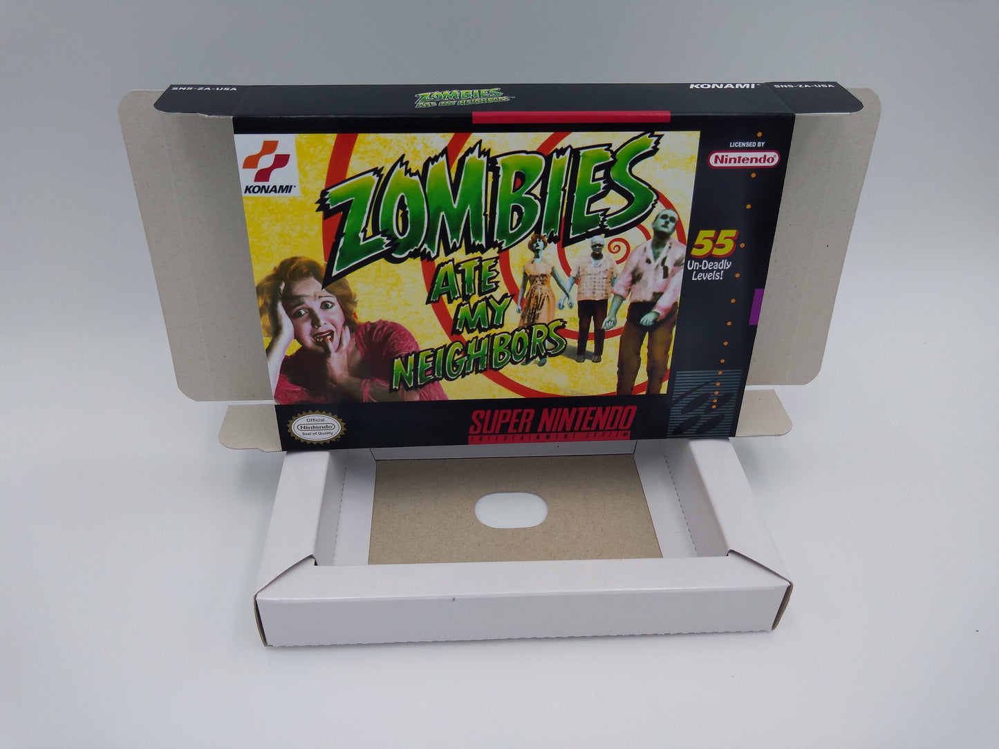 Zombies ate my Neighbors - NTSC or PAL - box with inner tray option - SNES - thick cardboard as in the original. Top Quality !!