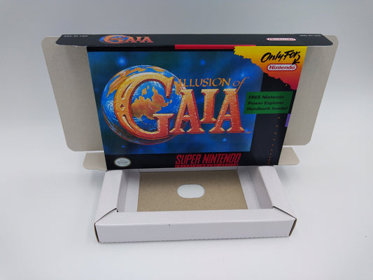 Illusion of Gaia/ Illusion of Time - NTSC or PAL - box with inner tray option - SNES - thick cardboard as in the original.