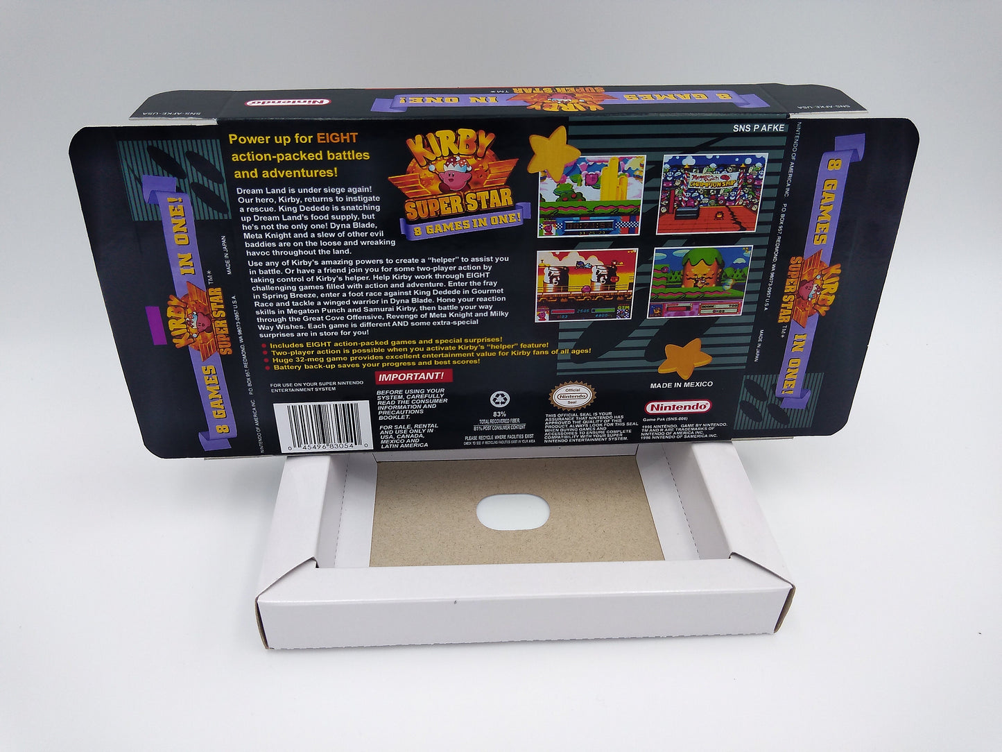 Kirby Super star 8 games in one - NTSC or PAL - box with inner tray option - SNES - thick cardboard as in the original. Top Quality !!