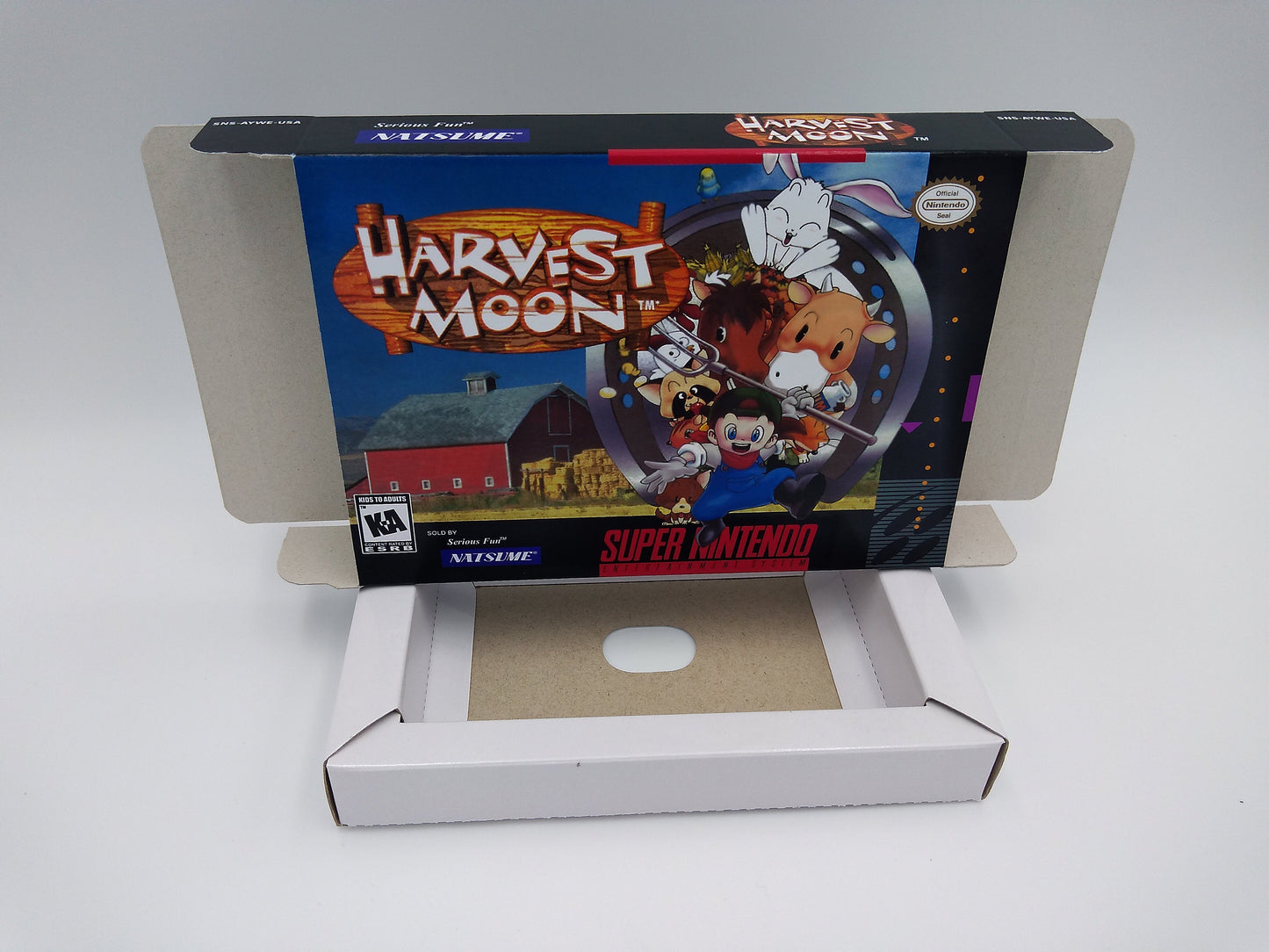 Harvest Moon - box with inner tray option - NTSC or PAL - Super Nintendo/ SNES- thick cardboard. Top Quality !!