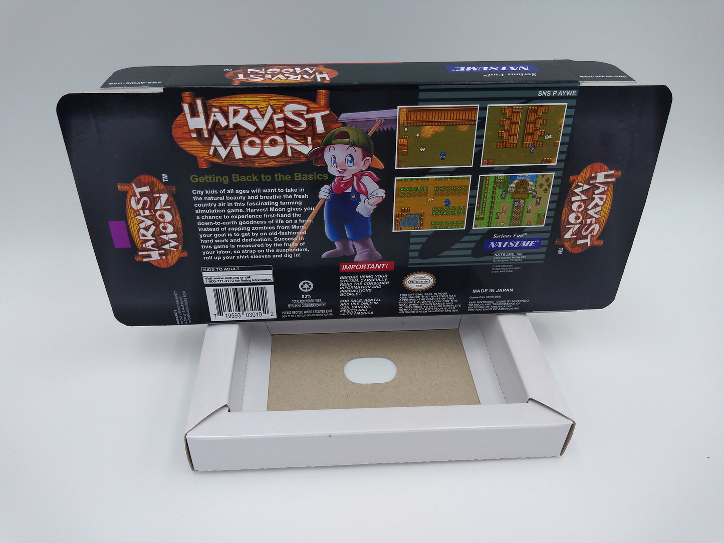 Harvest Moon - box with inner tray option - NTSC or PAL - Super Nintendo/ SNES- thick cardboard. Top Quality !!