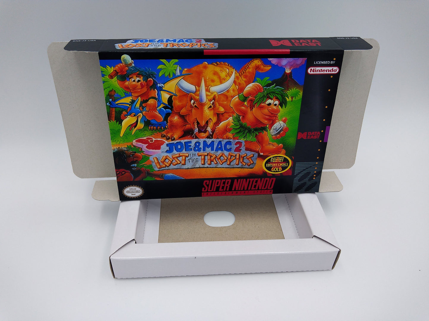 Joe and Mac 2: lost in Tropics - box reproduction with inner tray option - NTSC region - SNES - thick cardboard as in the original.