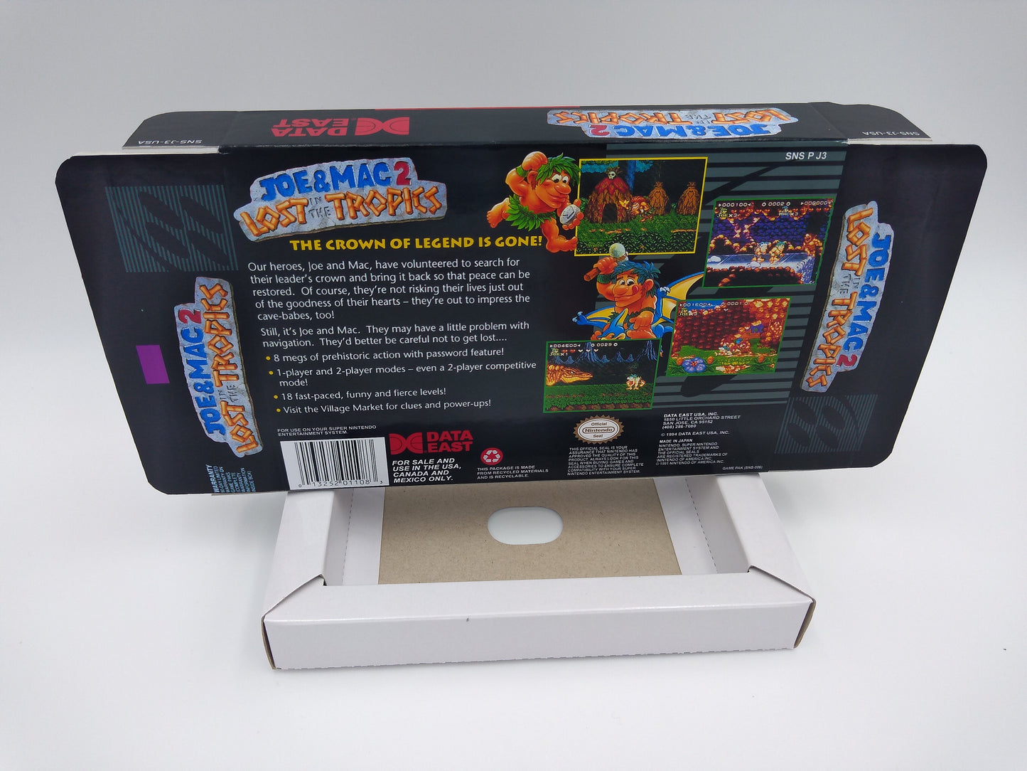 Joe and Mac 2: lost in Tropics - box reproduction with inner tray option - NTSC region - SNES - thick cardboard as in the original.