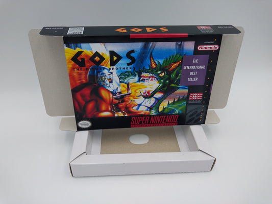 Gods - box with inner tray option - NTSC or PAL - Super Nintendo/ SNES- thick cardboard. Top Quality !!