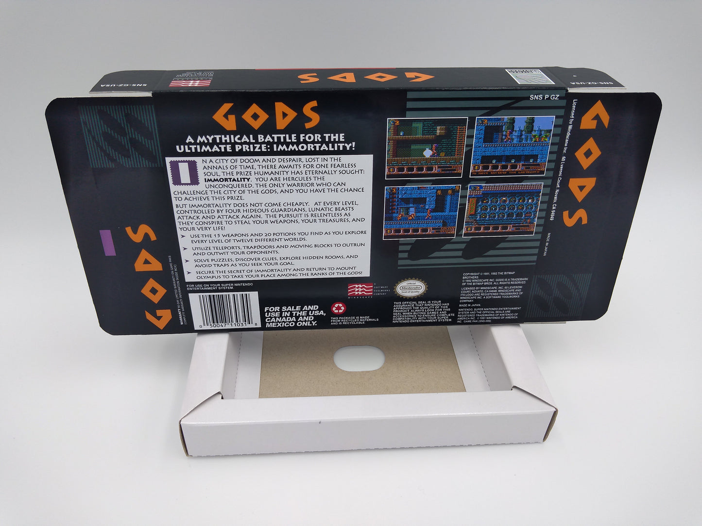 Gods - box with inner tray option - NTSC or PAL - Super Nintendo/ SNES- thick cardboard. Top Quality !!