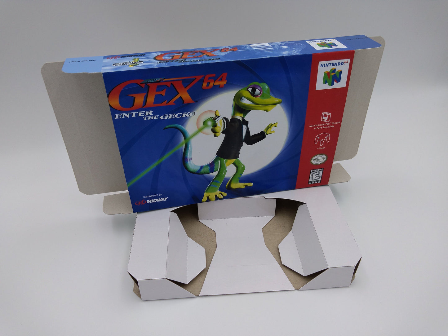 Gex 64 Enter the Gecko - box with inner tray option - NTSC, PAL or Australian PAL - Nintendo 64 - thick cardboard. Top Quality !!