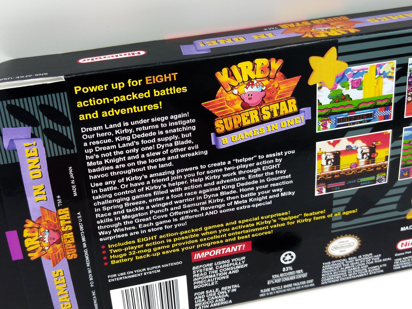 Kirby Super star 8 games in one - NTSC or PAL - box with inner tray option - SNES - thick cardboard as in the original. Top Quality !!