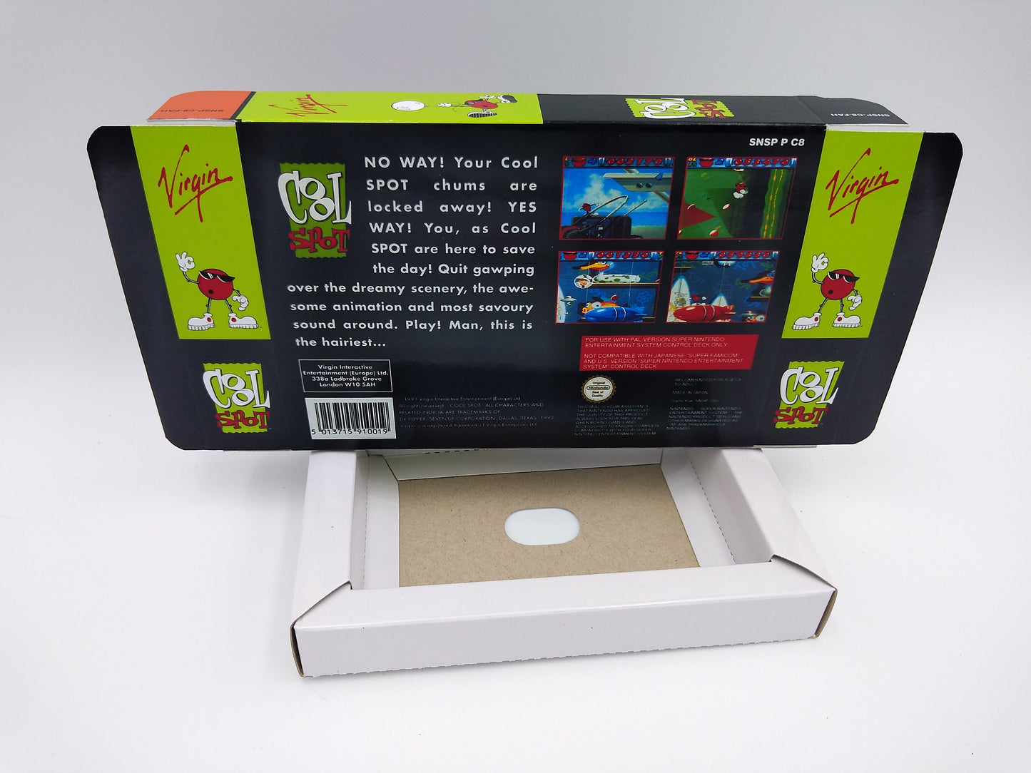 Cool Spot - box with inner tray option - PAL or NTSC - SNES - thick cardboard as in the original. Top Quality !!