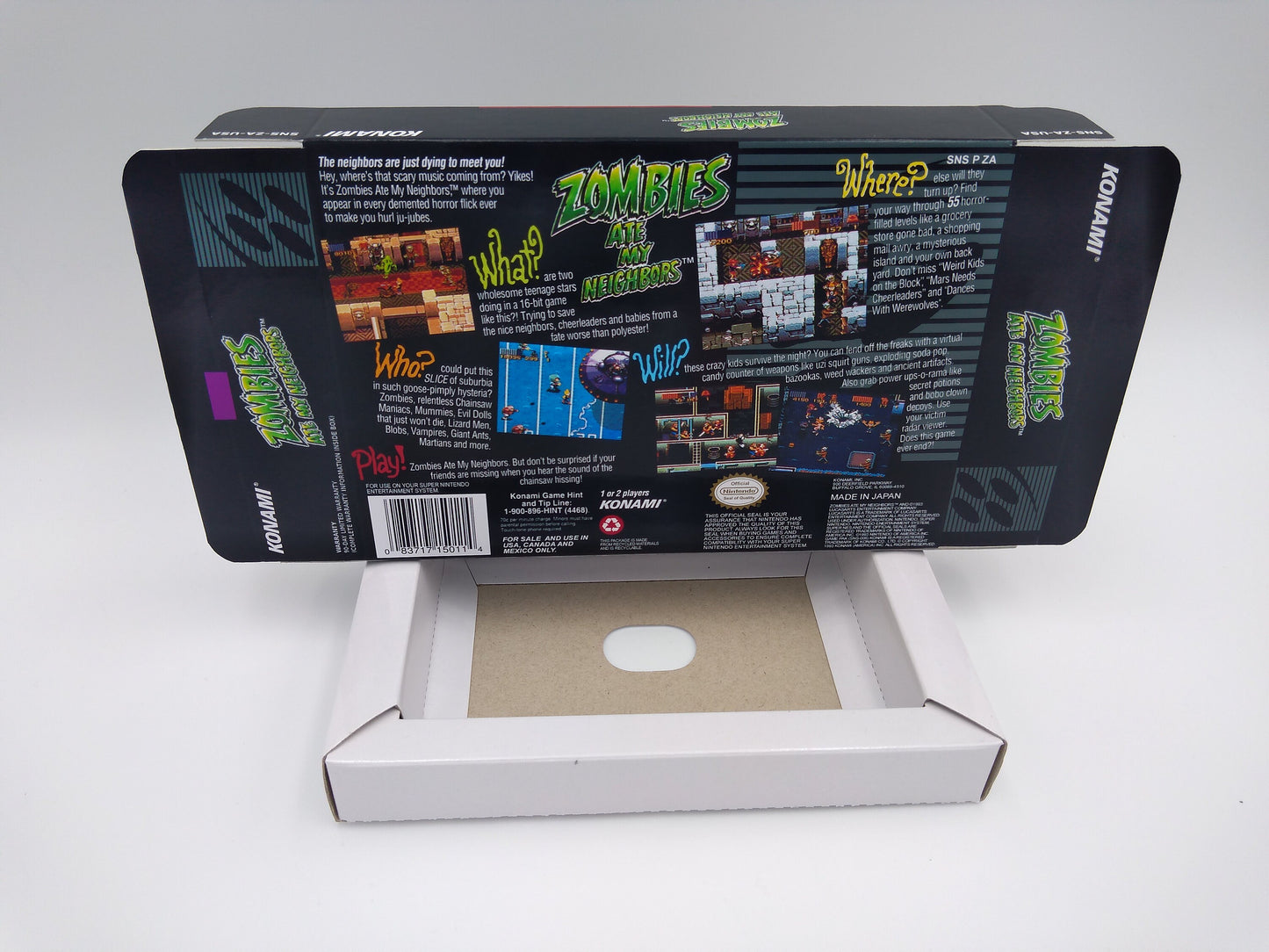 Zombies ate my Neighbors - NTSC or PAL - box with inner tray option - SNES - thick cardboard as in the original. Top Quality !!