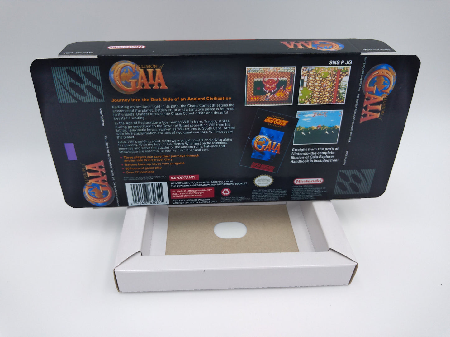 Illusion of Gaia/ Illusion of Time - NTSC or PAL - box with inner tray option - SNES - thick cardboard as in the original.