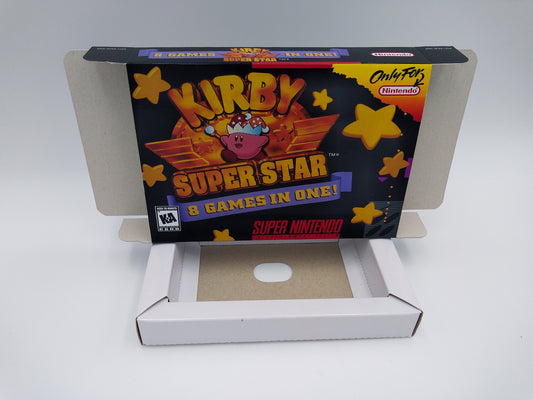 Kirby Super star 8 games in one - NTSC or PAL - box with inner tray option - SNES - thick cardboard as in the original. Top Quality !!