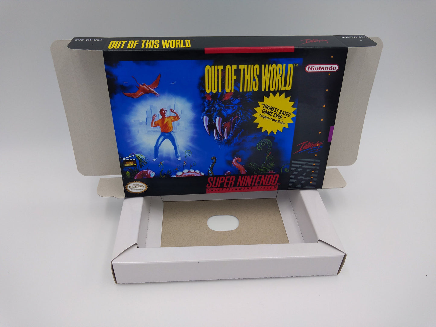 Out of This World - NTSC or PAL - box with inner tray option - SNES - thick cardboard as in the original. Top Quality !!