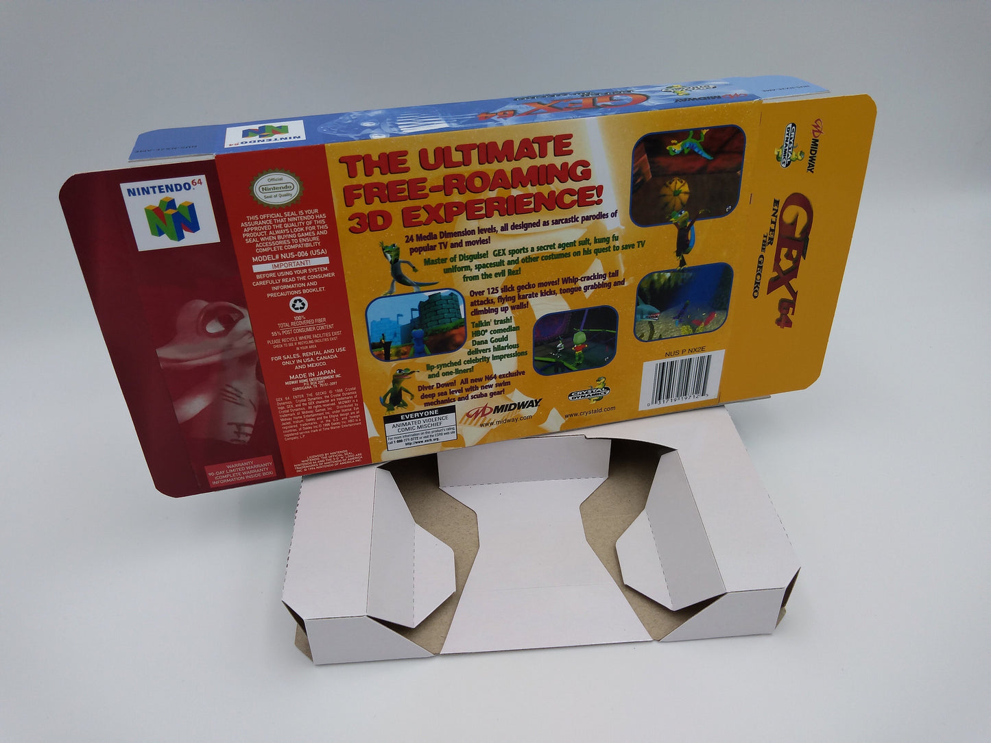 Gex 64 Enter the Gecko - box with inner tray option - NTSC, PAL or Australian PAL - Nintendo 64 - thick cardboard. Top Quality !!