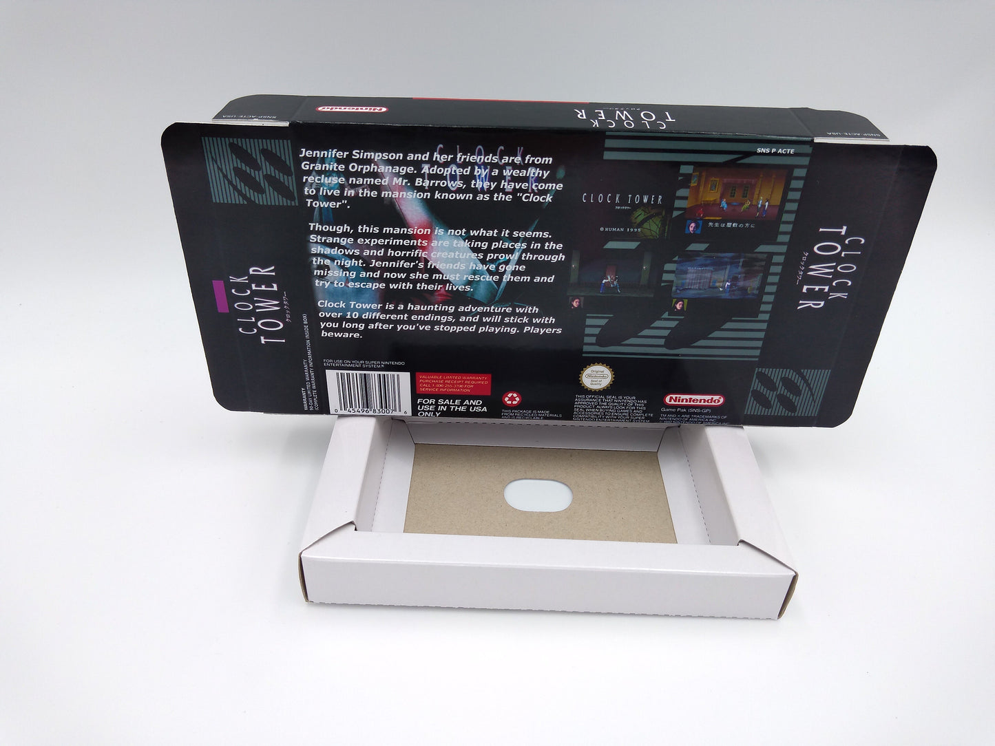 Clock Tower - NTSC or PAL - box with inner tray option - SNES - thick cardboard as in the original. Top Quality !!