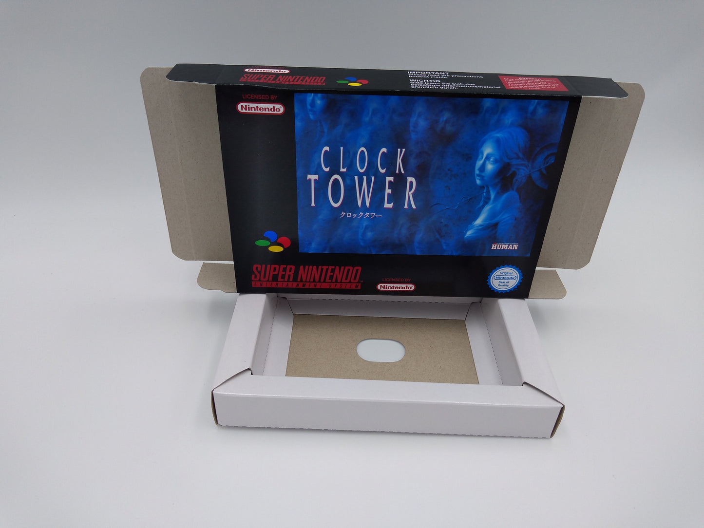 Clock Tower - NTSC or PAL - box with inner tray option - SNES - thick cardboard as in the original. Top Quality !!