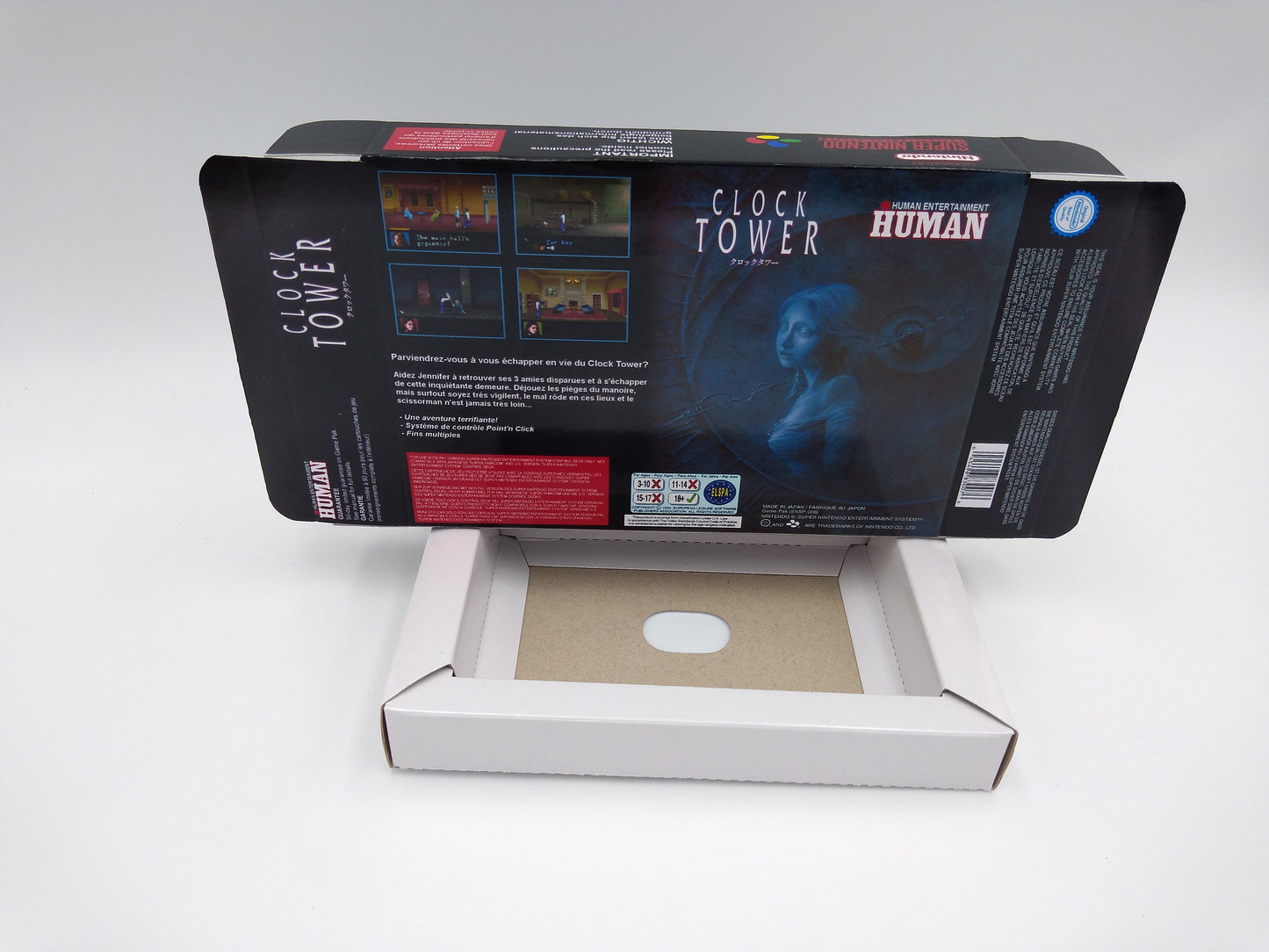 Clock Tower - NTSC or PAL - box with inner tray option - SNES - thick cardboard as in the original. Top Quality !!