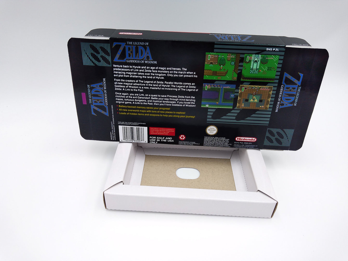 The Legend of Zelda: Goddess of Wisdom - box with inner tray option - SNES - thick cardboard as in the original. Top Quality !!