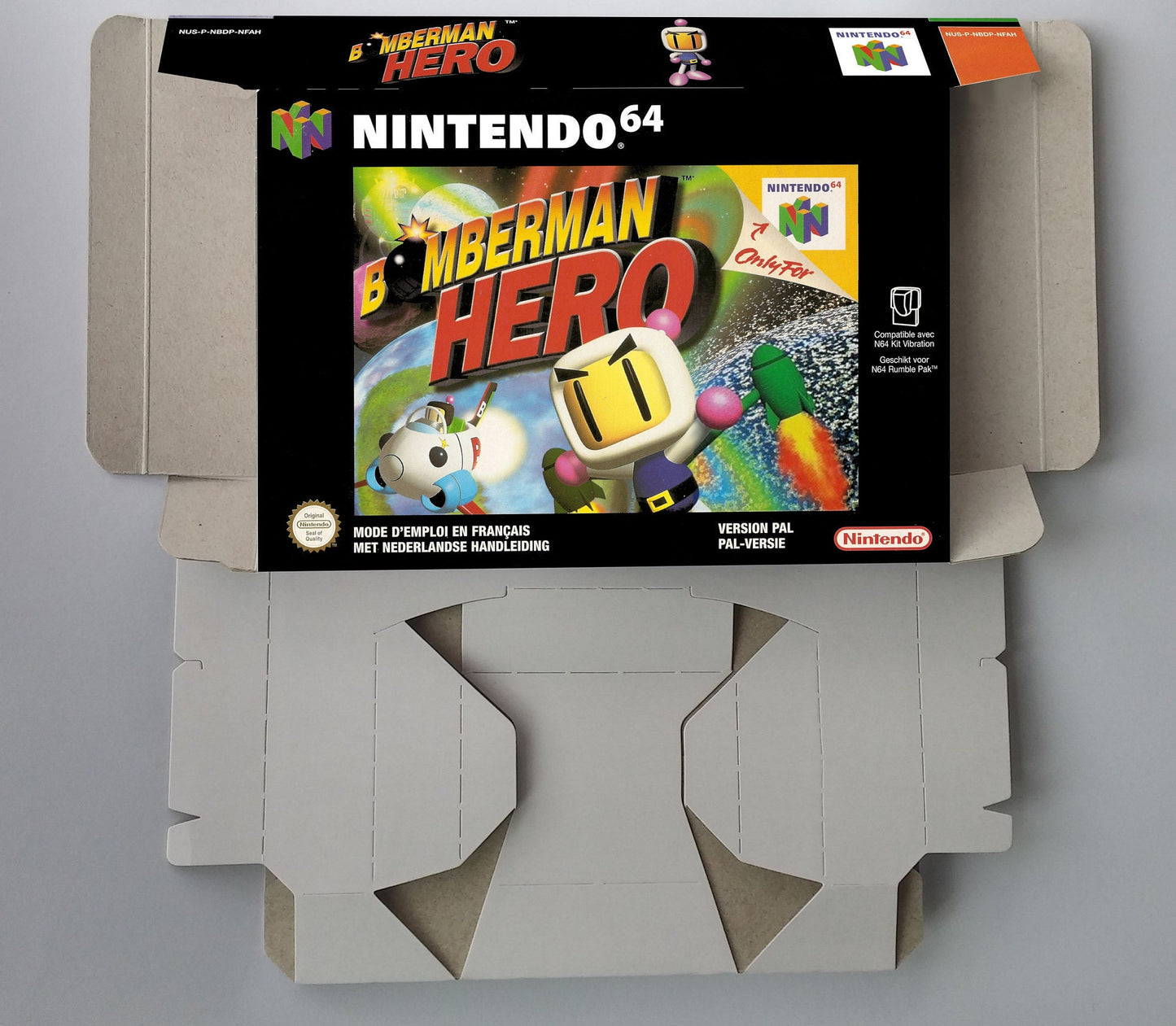 Bomberman Hero - box with inner tray option - NTSC or PAL - Nintendo 64 - thick cardboard. Top Quality !!