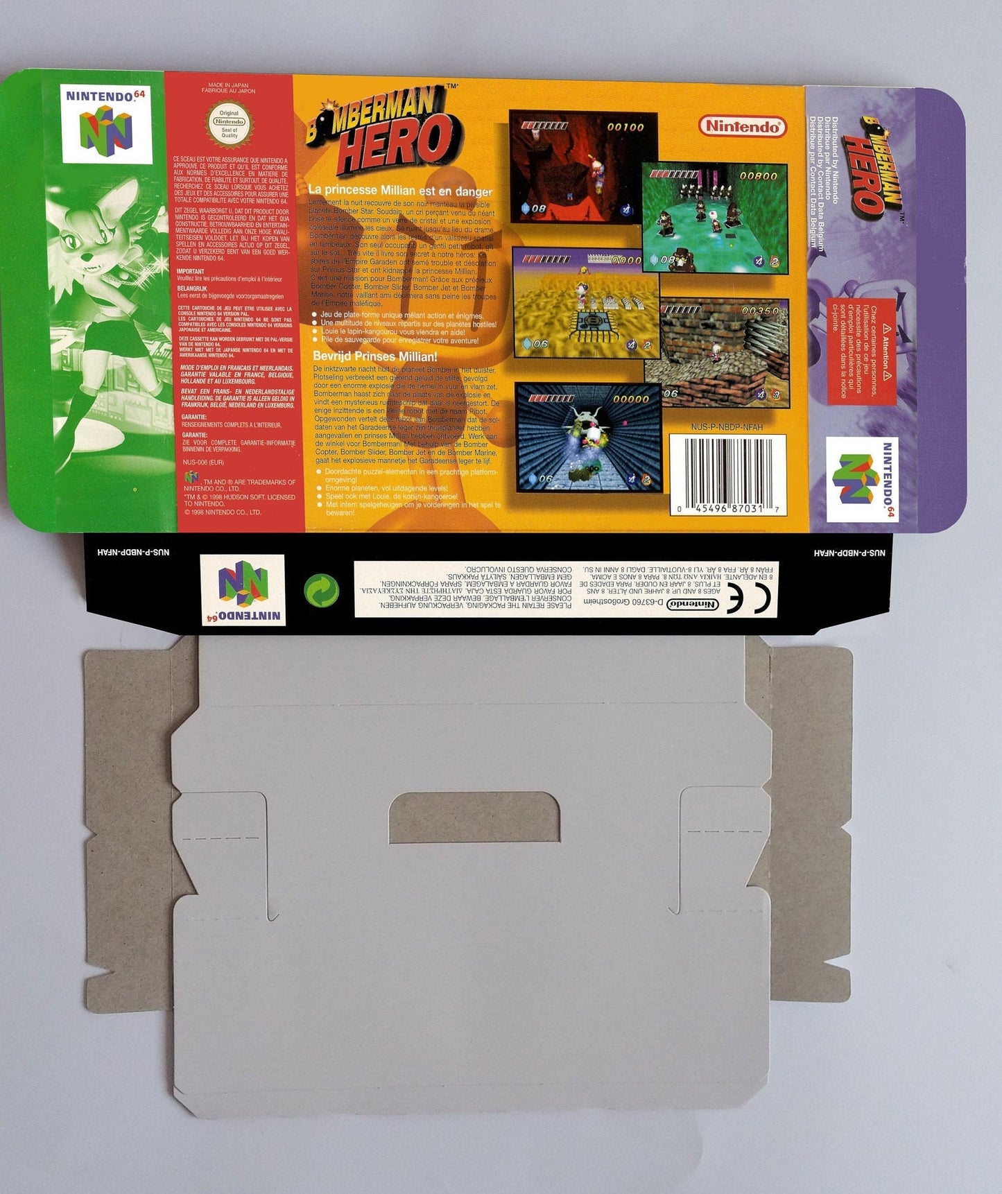 Bomberman Hero - box with inner tray option - NTSC or PAL - Nintendo 64 - thick cardboard. Top Quality !!