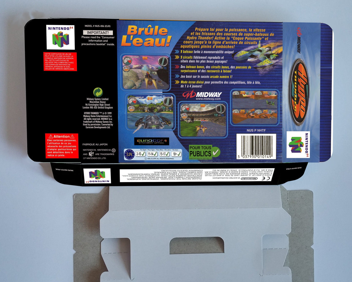 Hydro Thunder - box with inner tray option - Nintendo 64 - thick cardboard. Top Quality !!